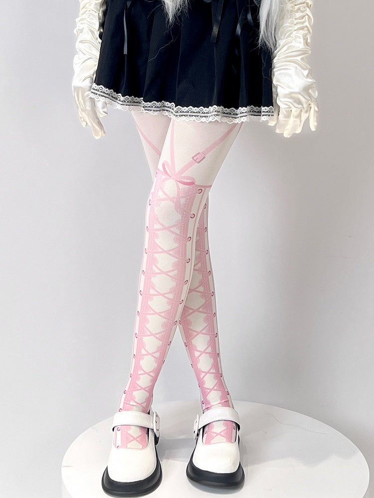 Print Sweet White Lace-up Tights Lolita