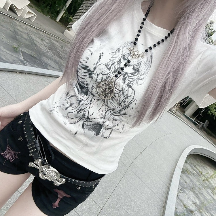 with T-shirt in Cartoon Cotton Crew White Neck Print Slim-fitting Girl
