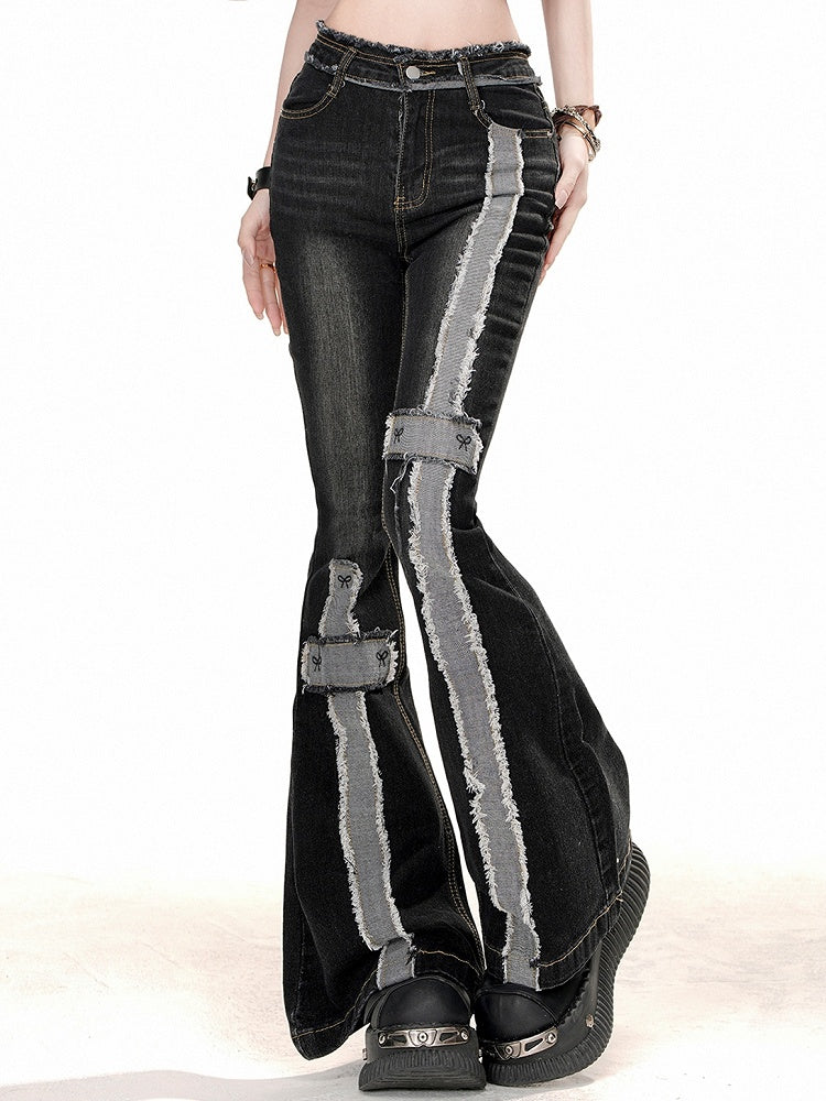 ストライプのロージーンズ、ブラックエッジフレア、ダメージ加工ウエストハイ