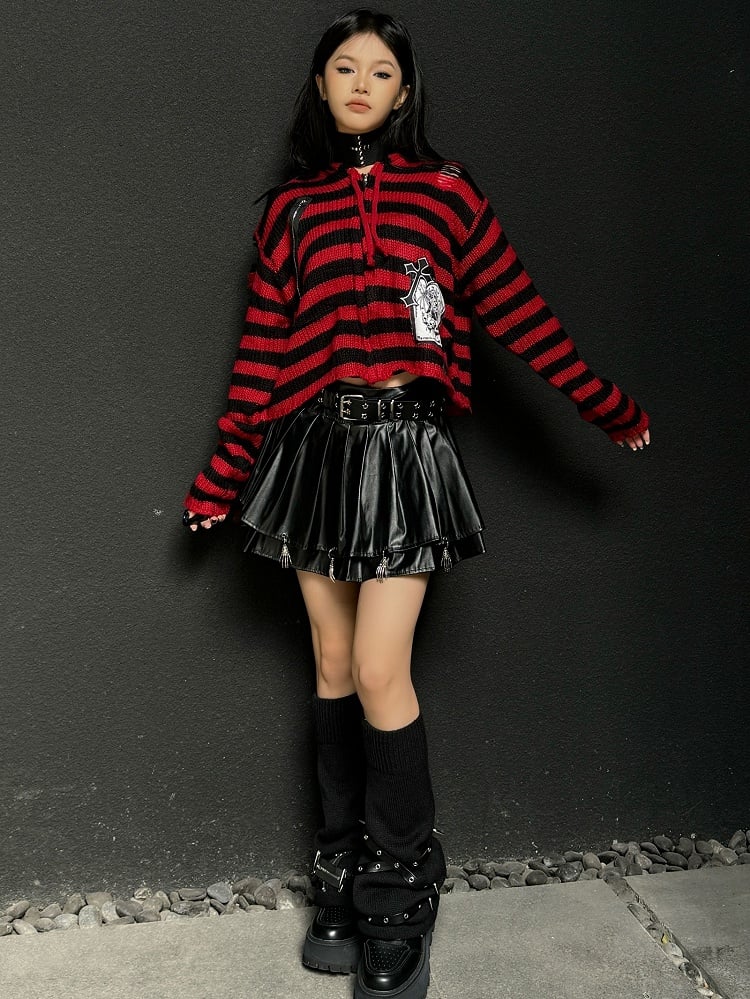 Gothic Punk Black and Red Striped Zip Hoodie GrimReaper Applique