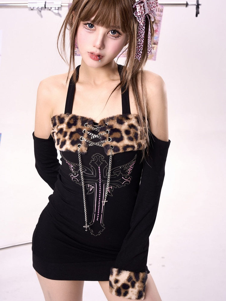 Gyaru Fashion Glamouröses Kleid mit Leopardenmuster und Plüschsaum in Braun