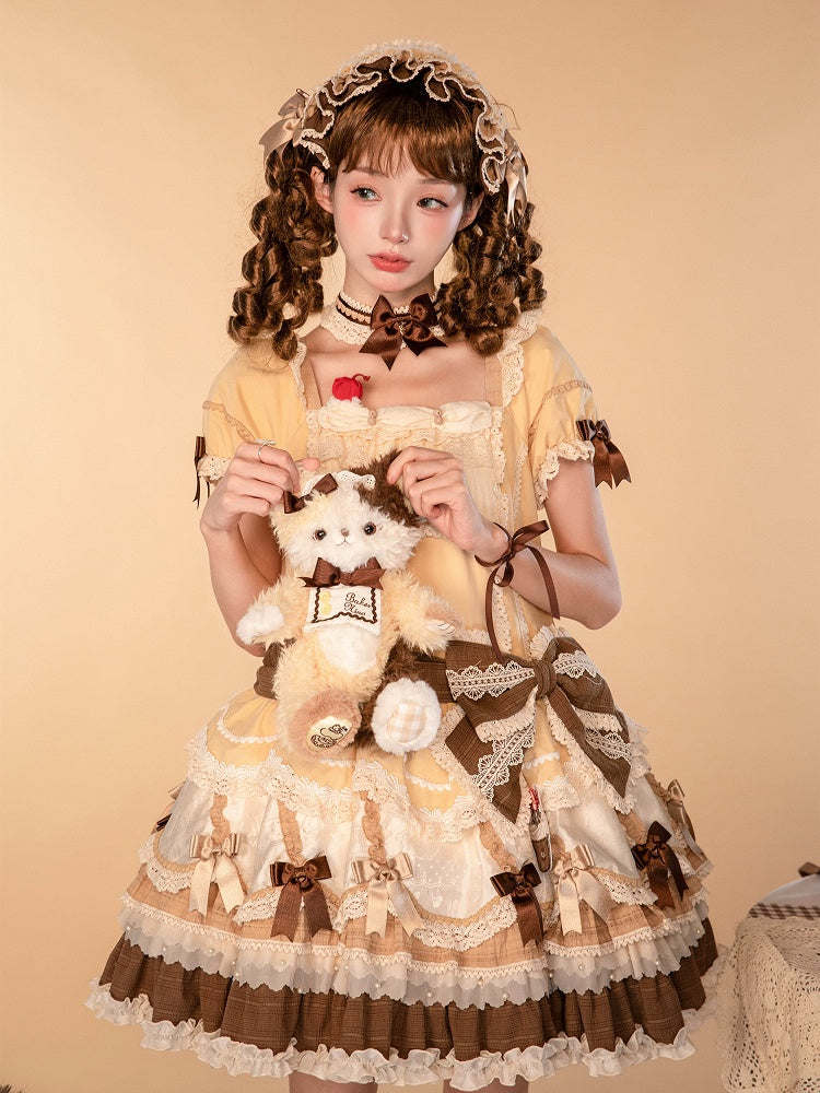 Details Yellow Waist Dropped Layered Hem Bowknot Lolita Dress Sweet