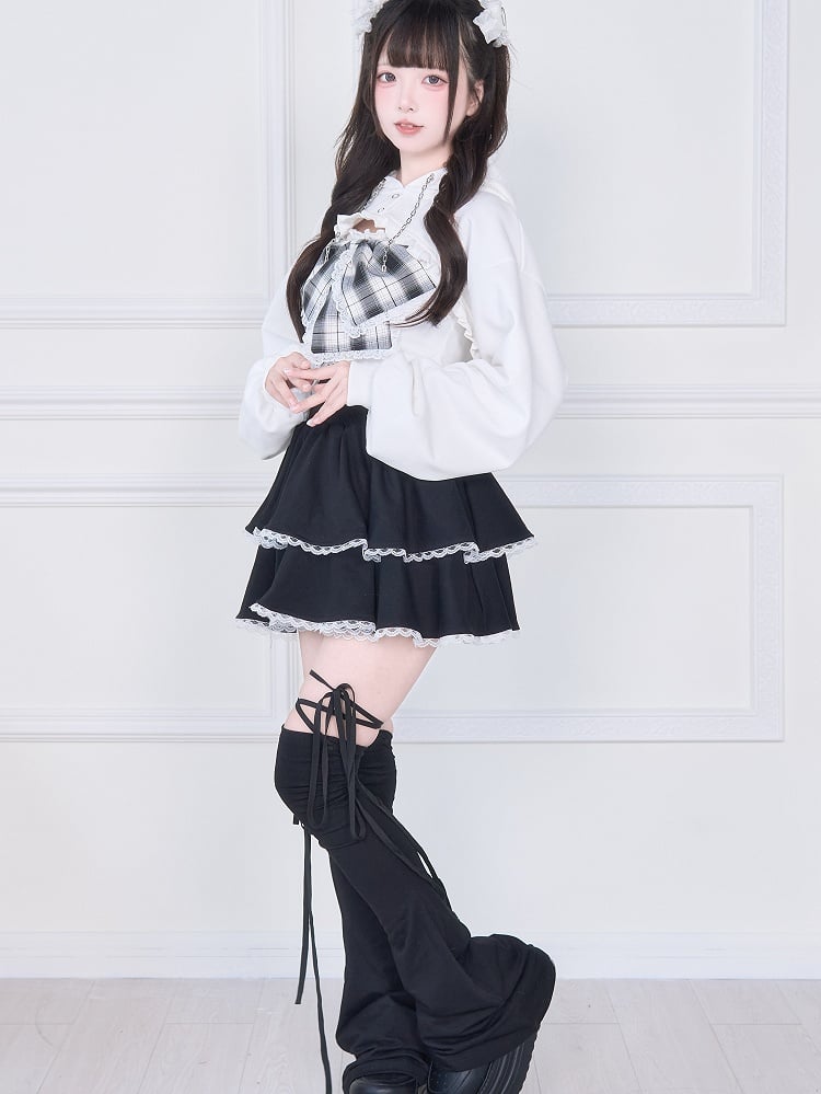 Bow White Tank Cropped Hoodie with Kei Open-Bust Two-Piece Set: Oversized Jirai Plaid