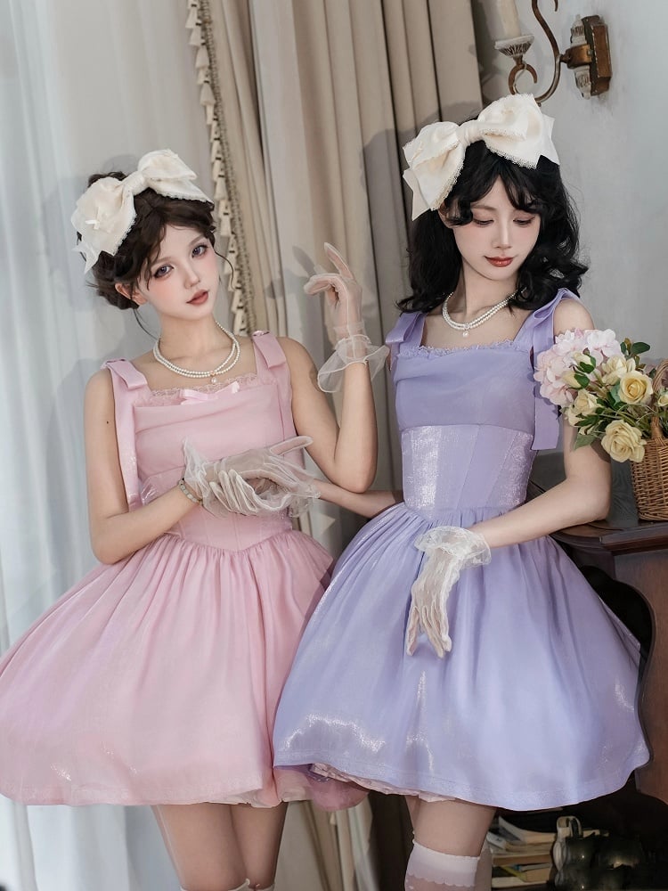 Kleid mit Stäbchen, Pullover, Lolita, schimmernder rosa Stoff, Baskenrock