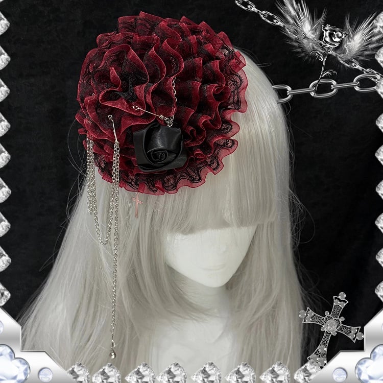 Mini Red - Gothic Mesh Ruffled Black Rose Hat with