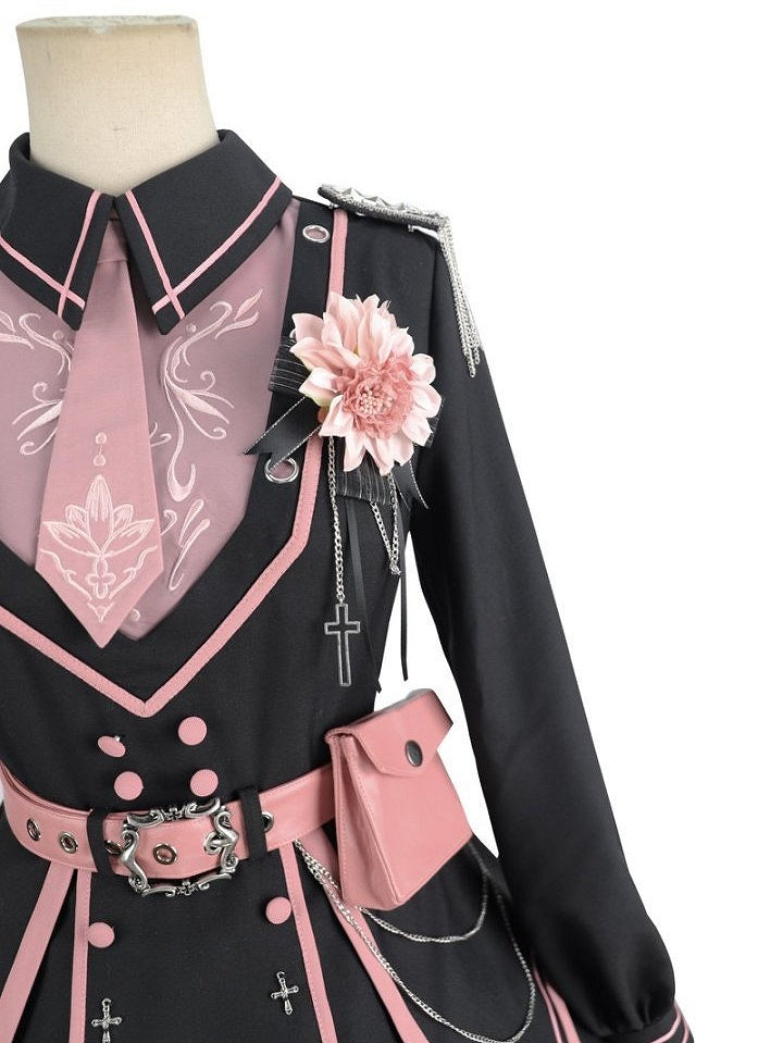 Pink with Military and Design Belt V-neck Lolita Black Ruffled Dress Details Buttons