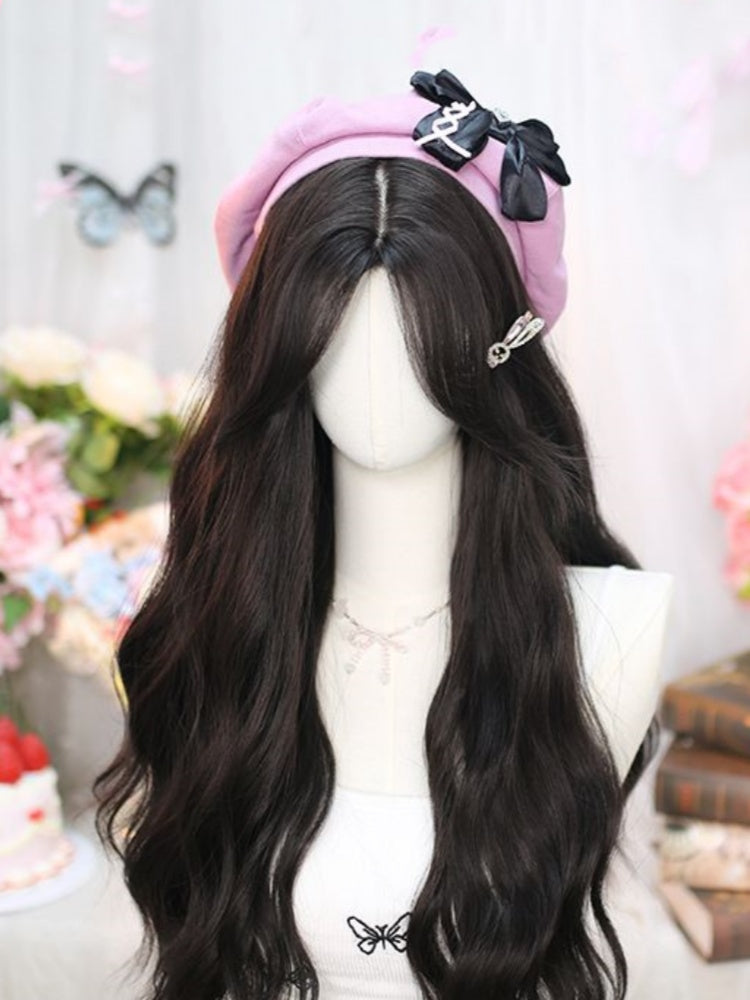 Black Tea Under Bust Length Wavy Wig with Curtain Bangs
