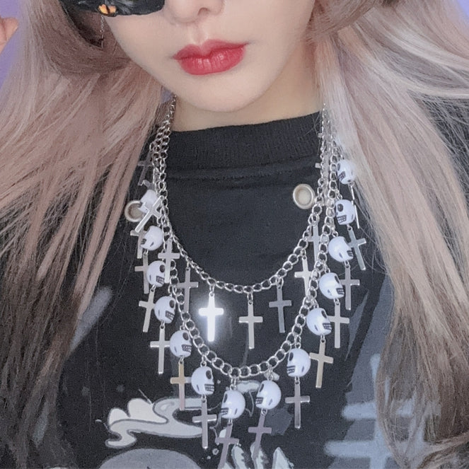 Anhänger Halskette Punk Skelett Kreuz Silber Und