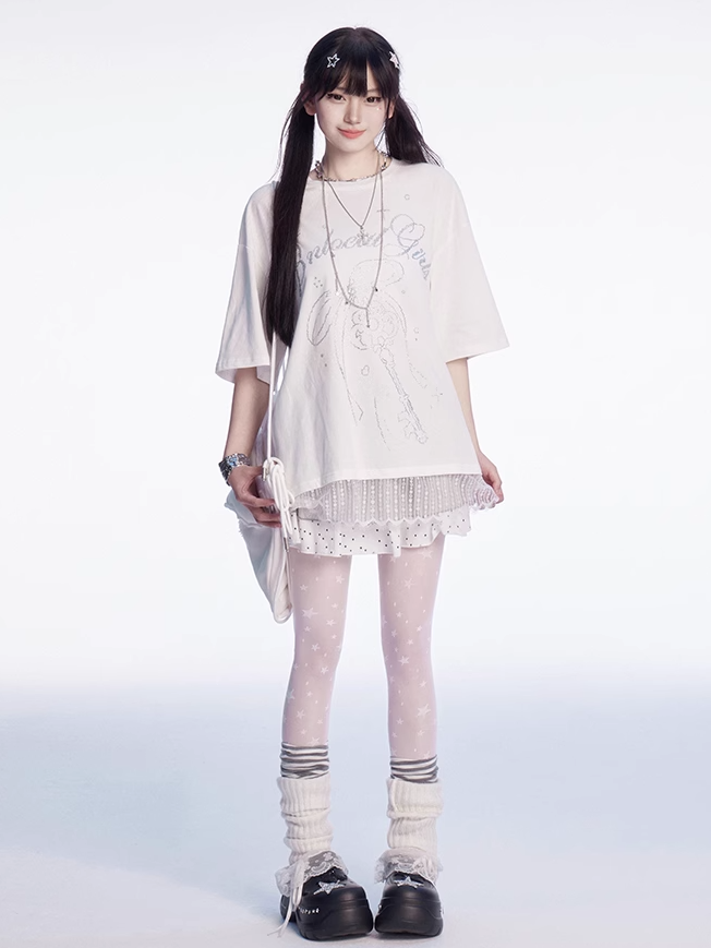 T-shirt Key Rhinestones Bowknot and Lace Trim White Round Neck