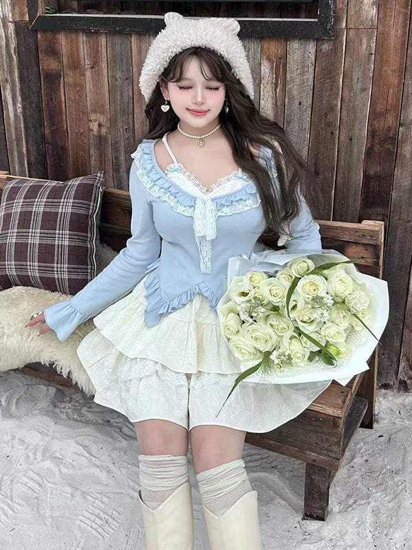 Plus Size Light Blue Fake Two-piece Ruffle Trim V-neck Long Sleeves Top