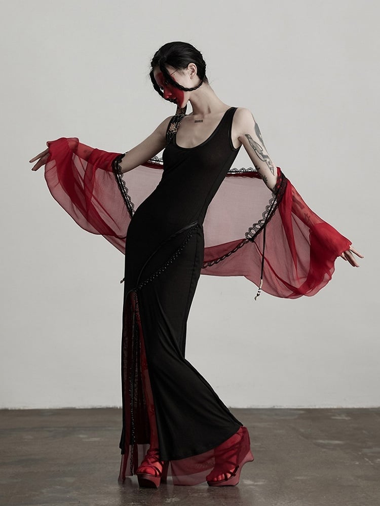 Ruffled Sheer Goth Cord Details Urban with Red Shell Cardigan