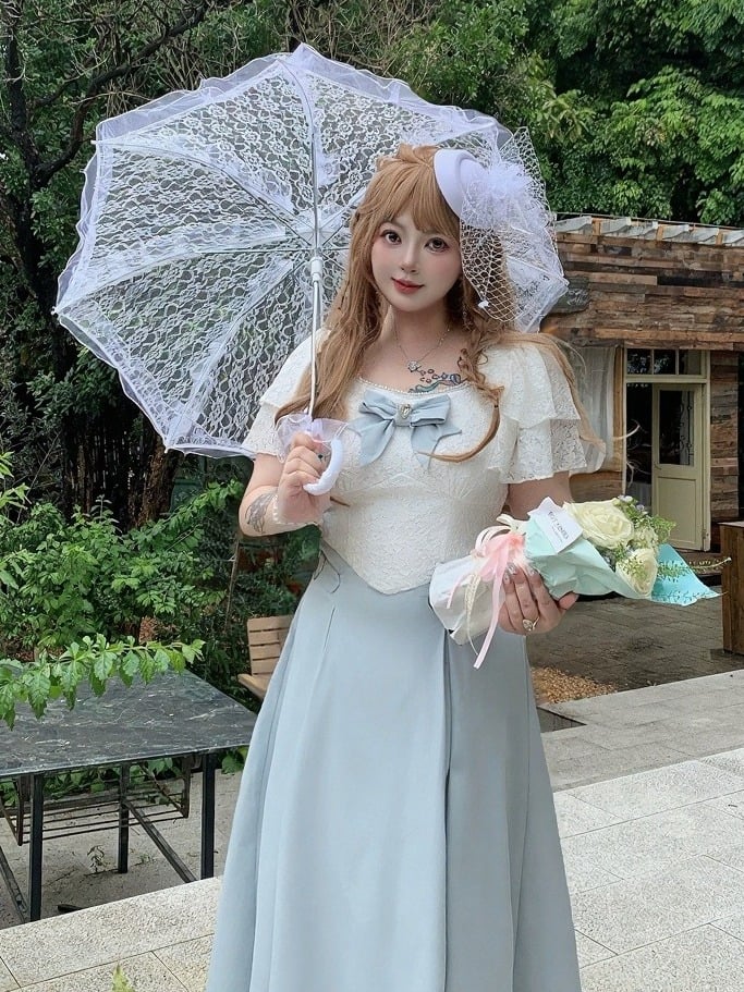 Elegant Blue White Heart Crystal Bowknot Long Dress - Hard Candy