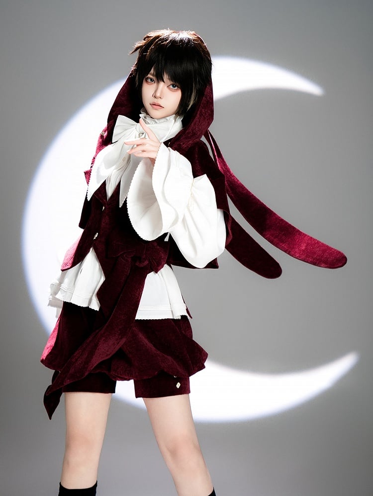 ロリータフード付きレッド王子ウサギ耳付きオーバーサイズベルベットワインジャケット