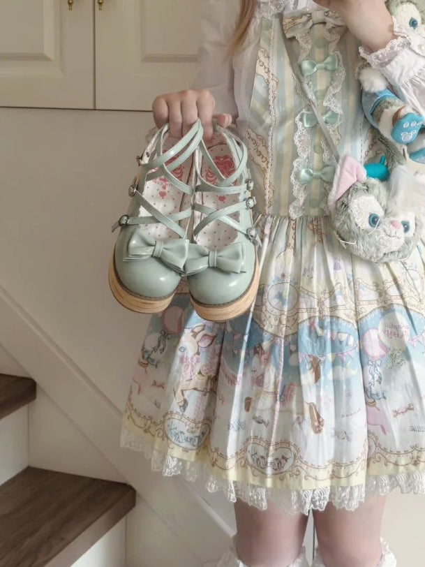 Platforms Sweet Heels Bow Middle Crisscross PU Grass Top - at Lolita Round Toe Design Green