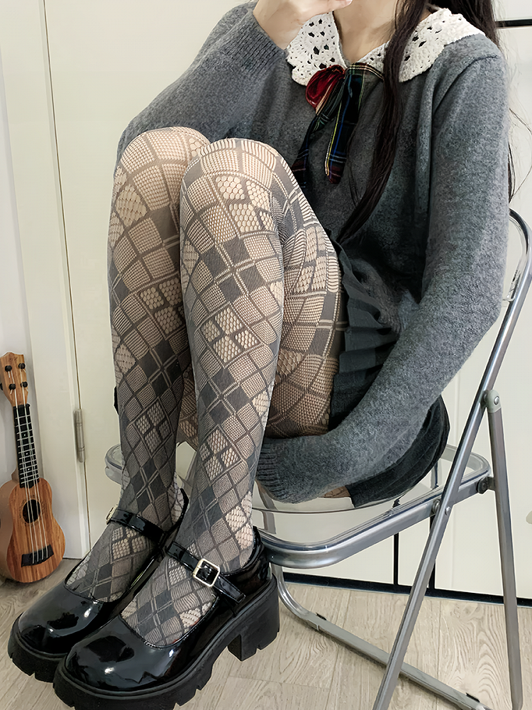 Black Y2K Diamond Pattern Hollow-out Tights
