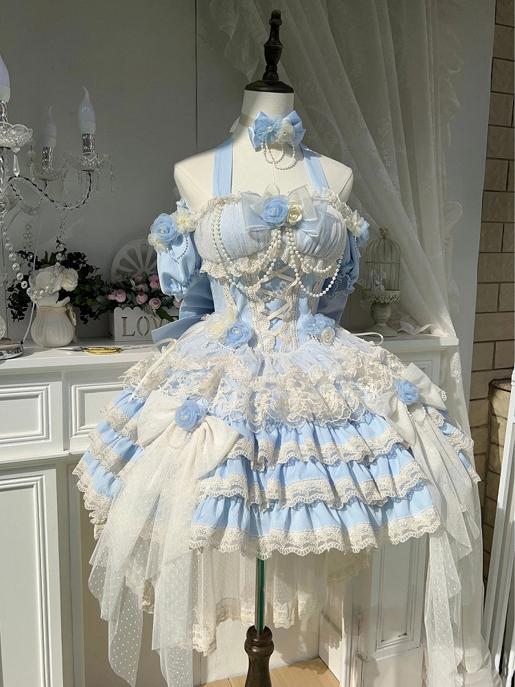 Hanayome Dress Fairy Jumper Tiered Skirt Hem Princess Blue Lolita Flower