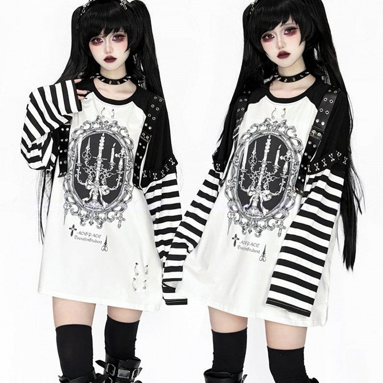 Printed Top Kei Black Striped Candle Straps Long-Sleeve Punk Decorated White Leather Jirai