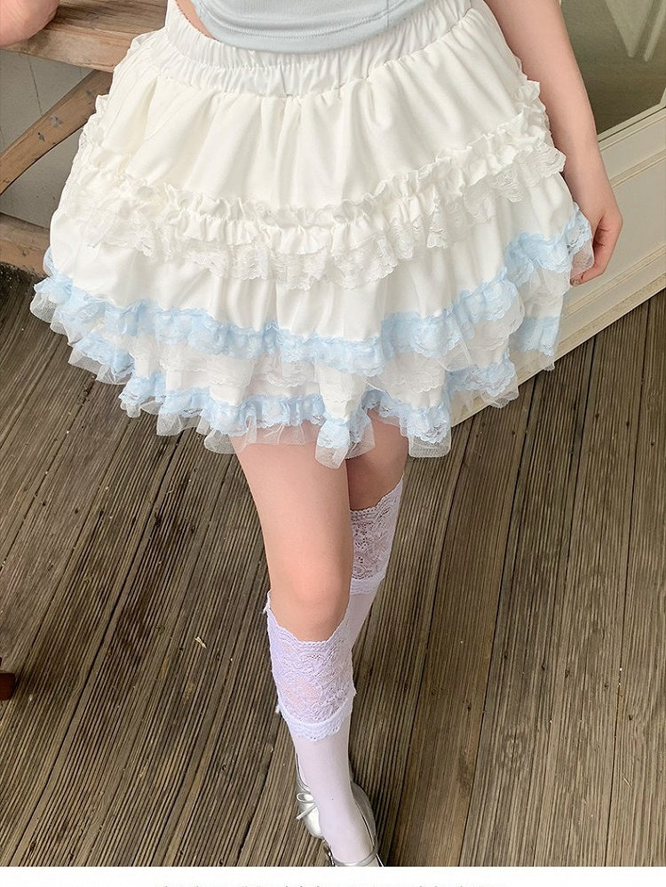 Puffy Layered High Waist Lace Skirt - Lan Jian Chuan