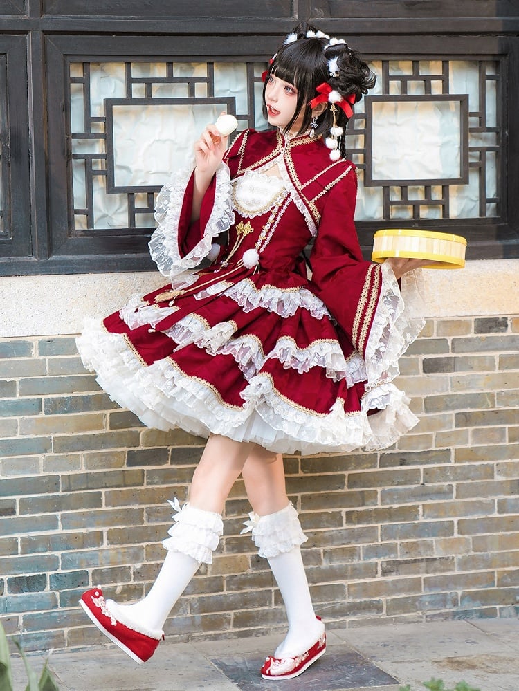 Rotes, langärmliges, kurzes Top mit Stehkragen-Bolero