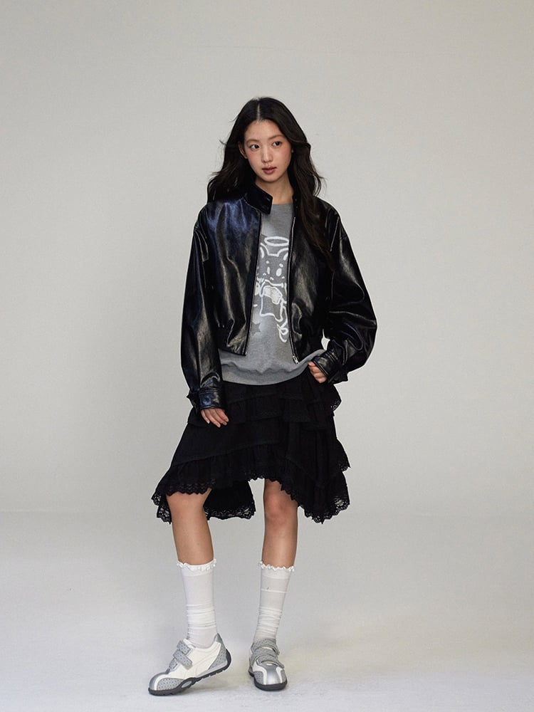 Hem Gothic Skirt Lace-Trimmed Asymmetric with Tiered Black A-line