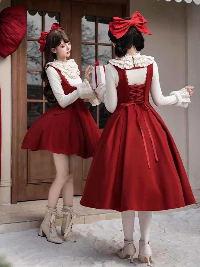 + JSK Bow New Version Red Year Long Beige Top Hairclip Bust Lolita Under Knit