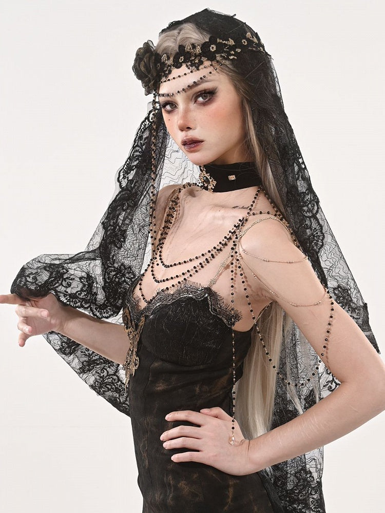 Bead Black With Veil Gothic Chains Lace Gold Floral