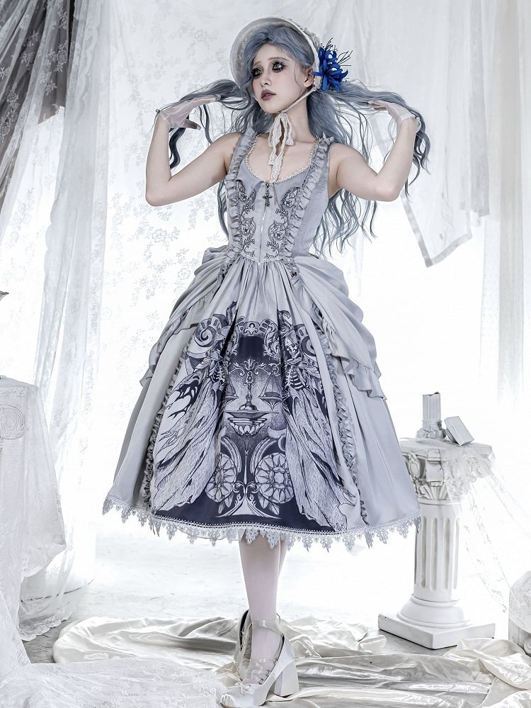Gothic Gray Grim Reaper Scale Print Dress with Detachable Waist Bows