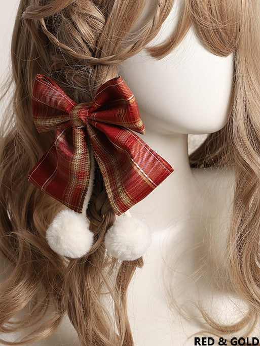 10 Color Options Sweet Lolita Pom-Pom Plaid Bowknot Hairclip