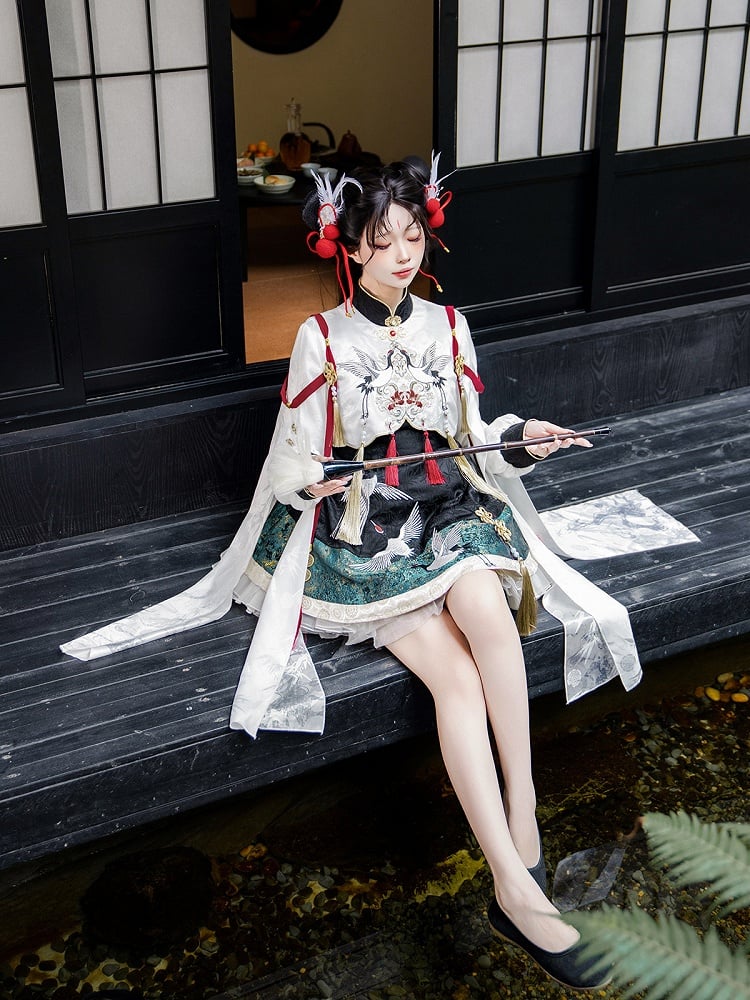 Green Chinoiserie + Balck White Cropped Crane Dress Lolita Tassel Top with Accents Embroidery