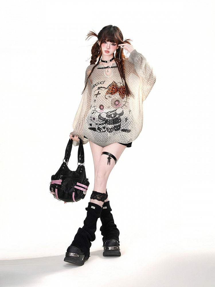 Top Kitty Print Pink/Apricot/Schwarz Distressed Löcher Sommer Sonnenschutz Aushöhlen