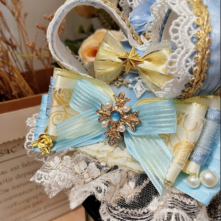 Strass Perlen Krone Hime Blau-Weiß Hut Und Mini Verziert Lolita