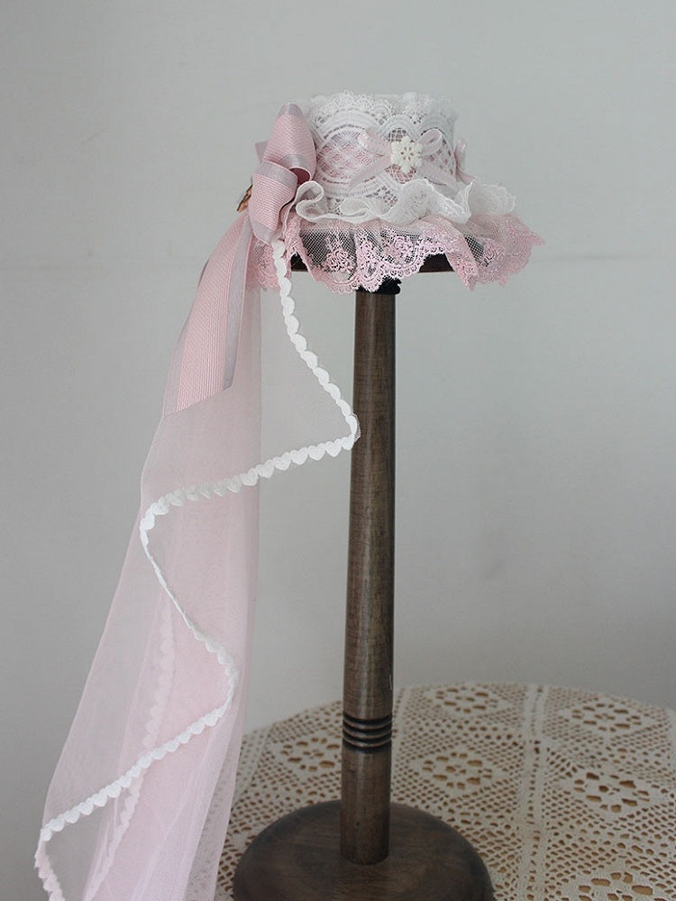 Pink Christmas Beaded Snow Bowknot Details Lace Trim Top Hat With Veil