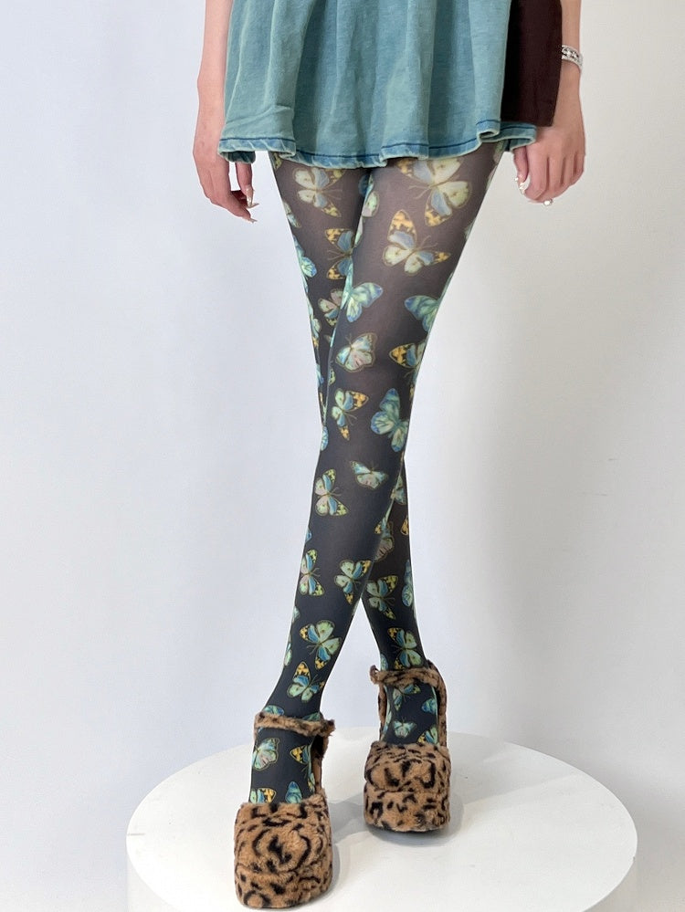 Yellow/Black Butterfly Print Tights