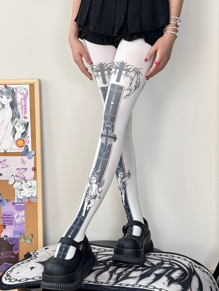 Engelskreuz und Strumpfhose Print Weiß