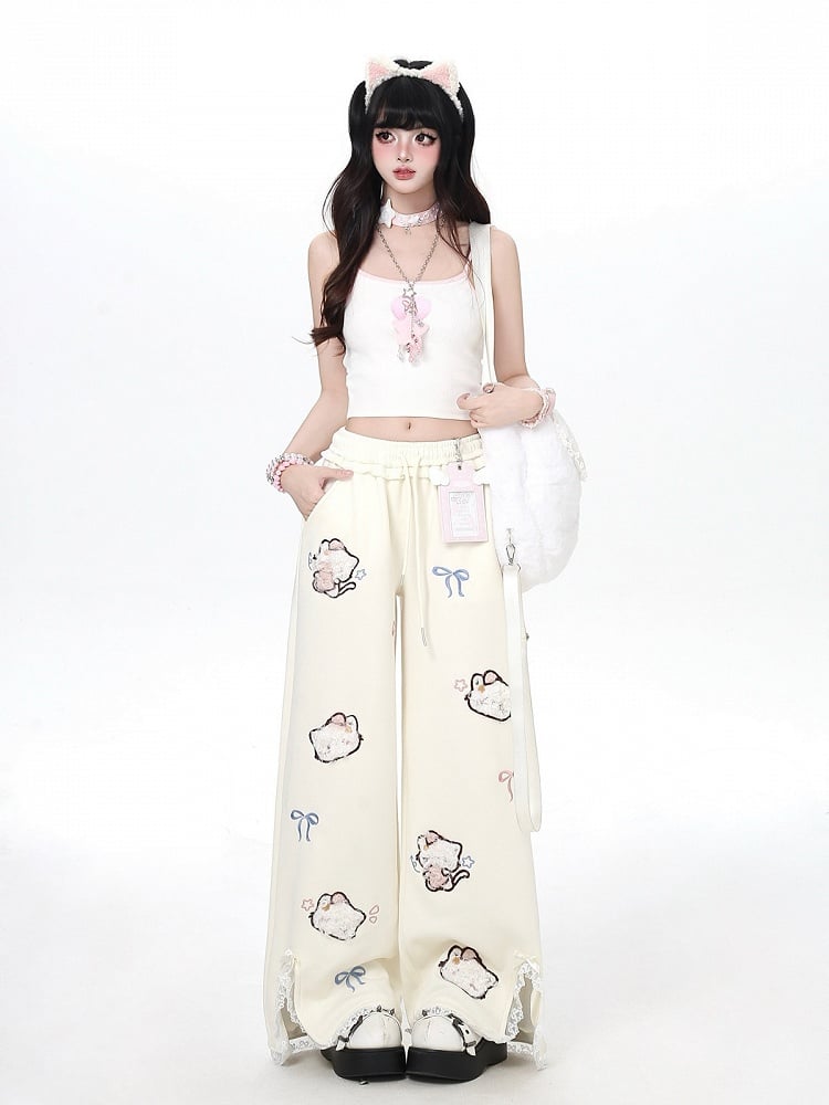 Plush Kitty Embroidery Apricot Straight Leg Pants with Slit & Lace Details - CRAZY GIRL