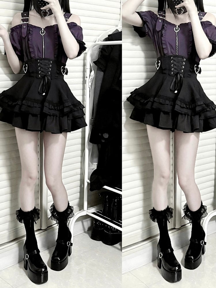 Tiered Skirt Black and Jirai Kei Heart Buckles Lace-up Front Back