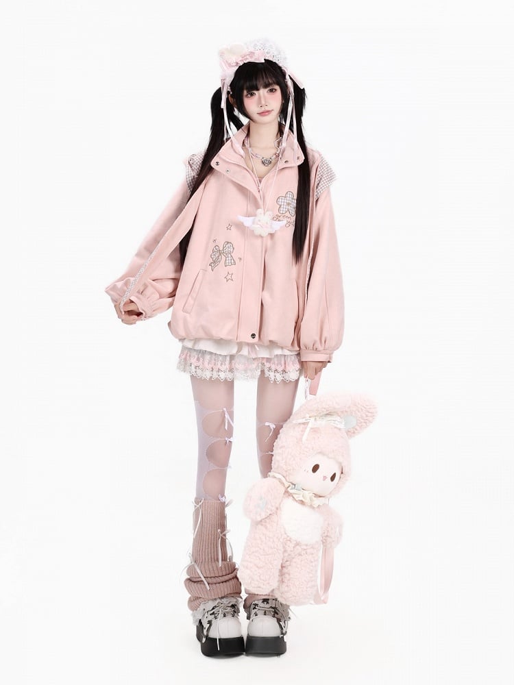 Pink Faux-Suede Kawaii Jacket with Detachable Plaid Hood Bow Embroidery - CRAZY GIRL