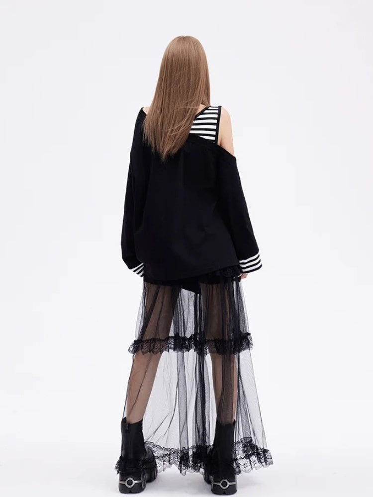 Print Skelett Punk Top Faux Zweiteiler Glamourös Schwarz Asymmetrischer Ausschnitt und Saum