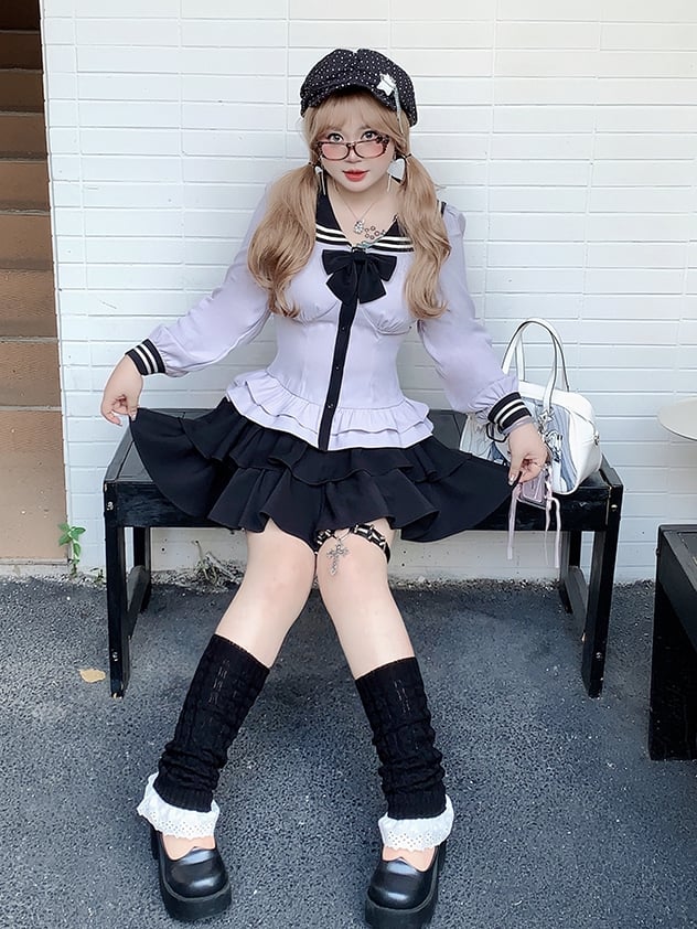 Tiered Skirt Purple + Black Sailor Collar Sleeves Blouse Set - Uniform Bishop Plus Size JK