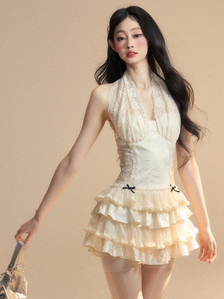 Dress Apricot Halter Neck Contrast Lace Patches Tiered Ruffles