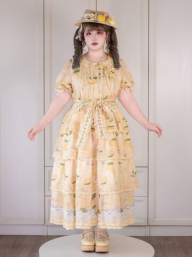 Button Chick Placket Skirt and Lolita Sleeves Short Print Yellow Front Lemon Dress Tiered