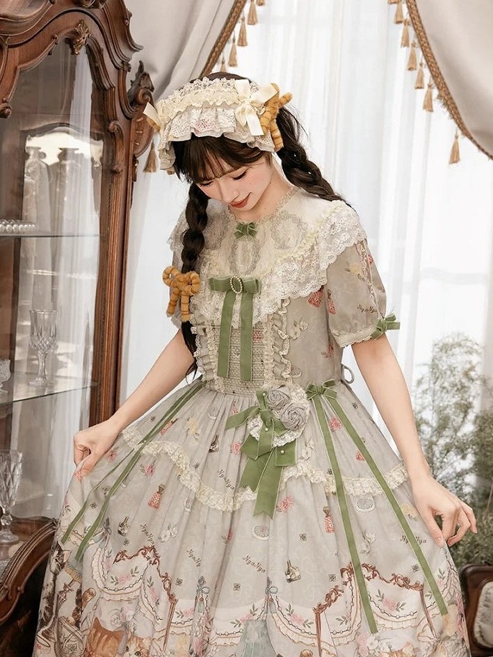 Beige/Green Lace Ruffled Sweet Lolita Hairband with Plush Bows - NyaNya