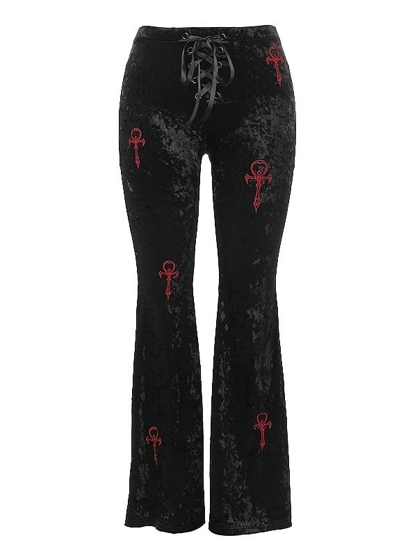 Pants Flared Halloween Print Cross Red Fly with Lace-Up Black Gothic