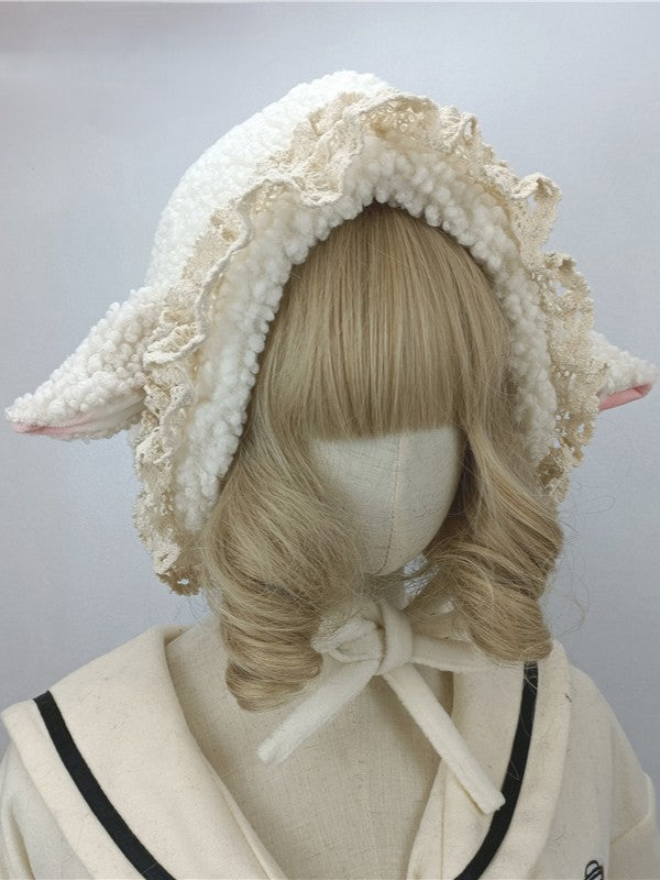 Plush Lamb Ear Black/White Sweet Lace Hat Design