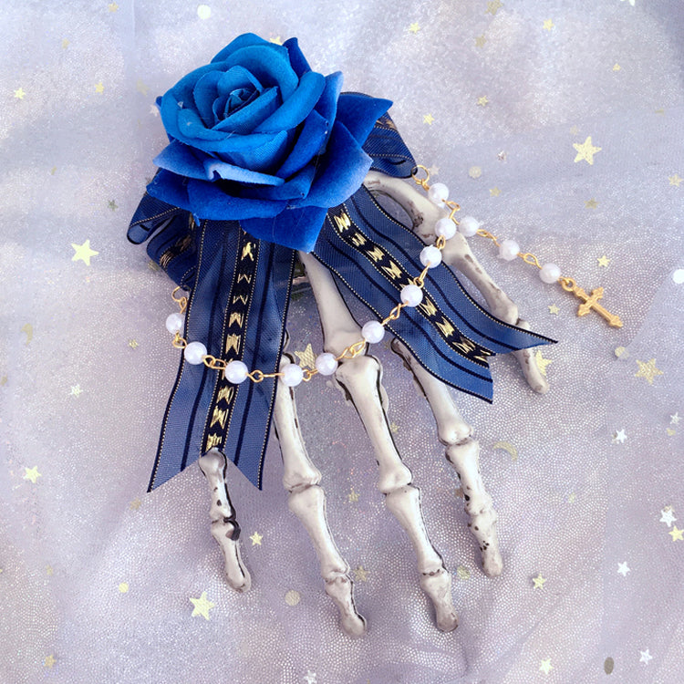 Rose Hand Blue/Red Skeleton Hairclip Lace