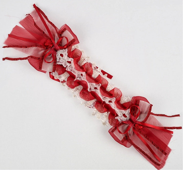 White Ribbon Lace Hairband Ruffled Red