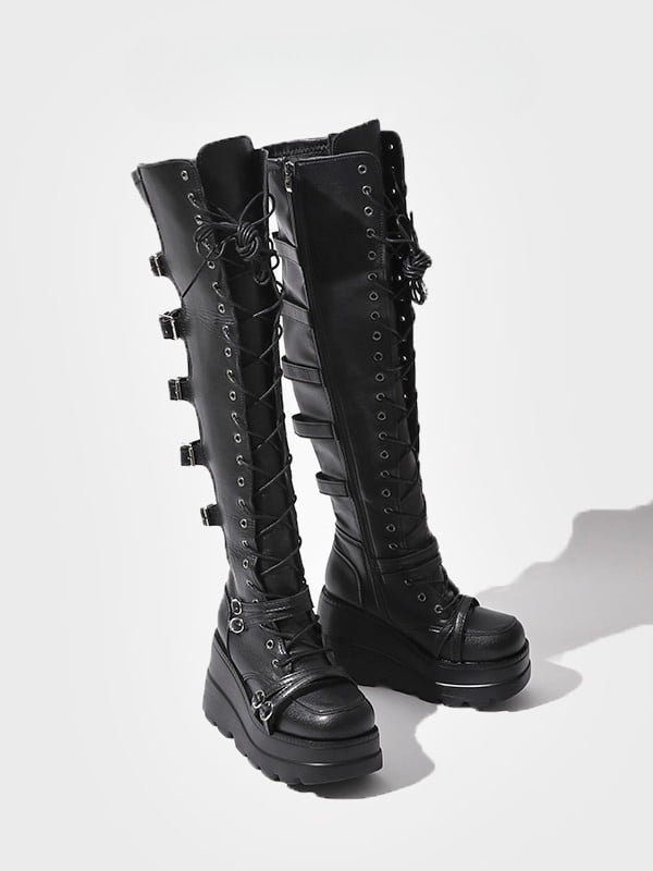 Thigh-high Black Lace-up Platform Closure Boots - Punk