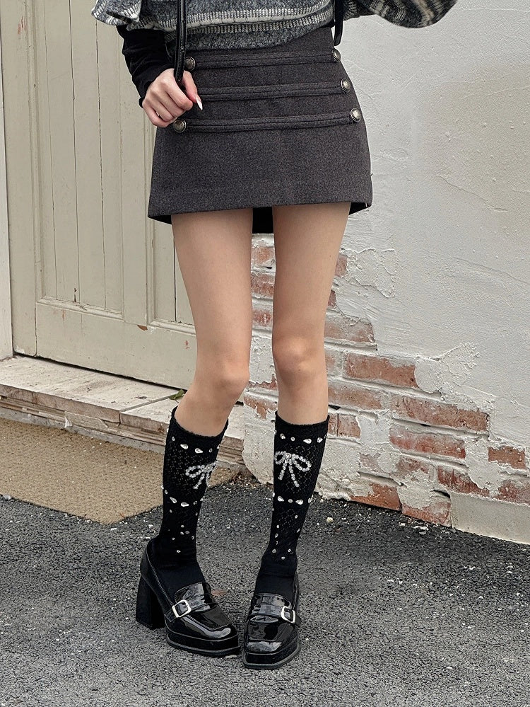 Bow Calf Socks Rhinestone Ribbed Embellished