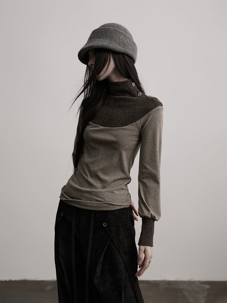 Long-Sleeve Goth with Top Button Design Gray Color-Block Brown Details Urban