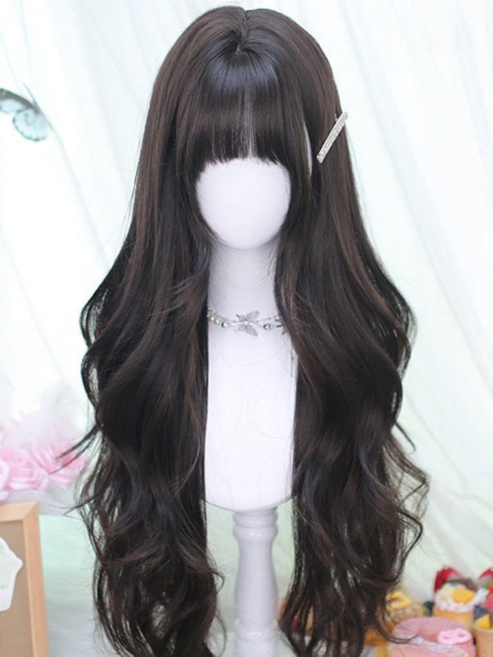 Schwarzer Tee, 70 cm, hüftlange, gewellte Perücke mit vollem Pony